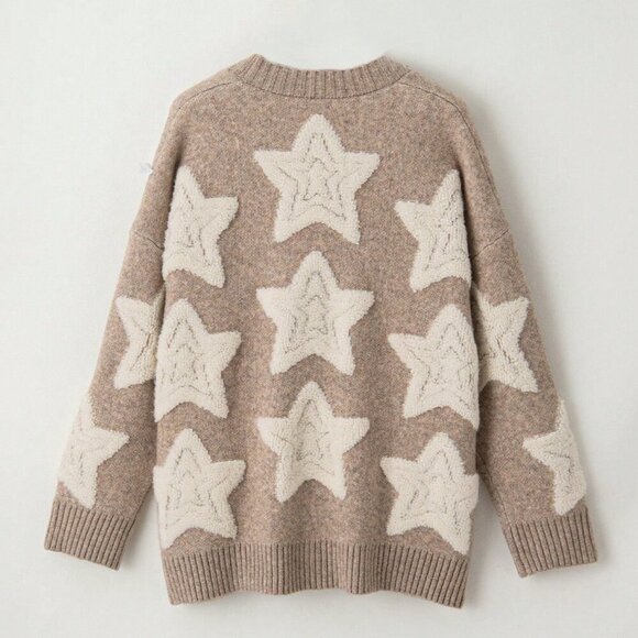 Khaki Casual Women's Cute And Star Pattern Loose Fit Cardigan - Picture 7 of 8